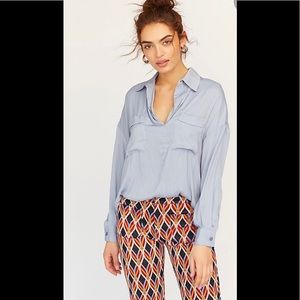 Light Blue Free People Oversized Satin Top Blouse XS